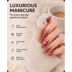 Dusty‑Red Almond Press‑On Nails, Luxury False Nails with White Polka Dots, Metal Flowers & Big Rhinestones